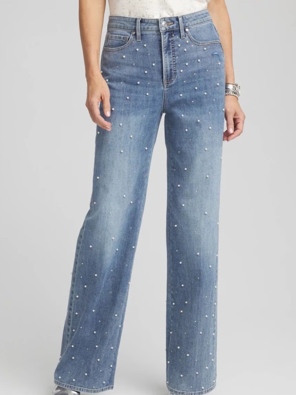 NWT Chico's Light Blue Wide-Leg Jeans with Pearl Accents